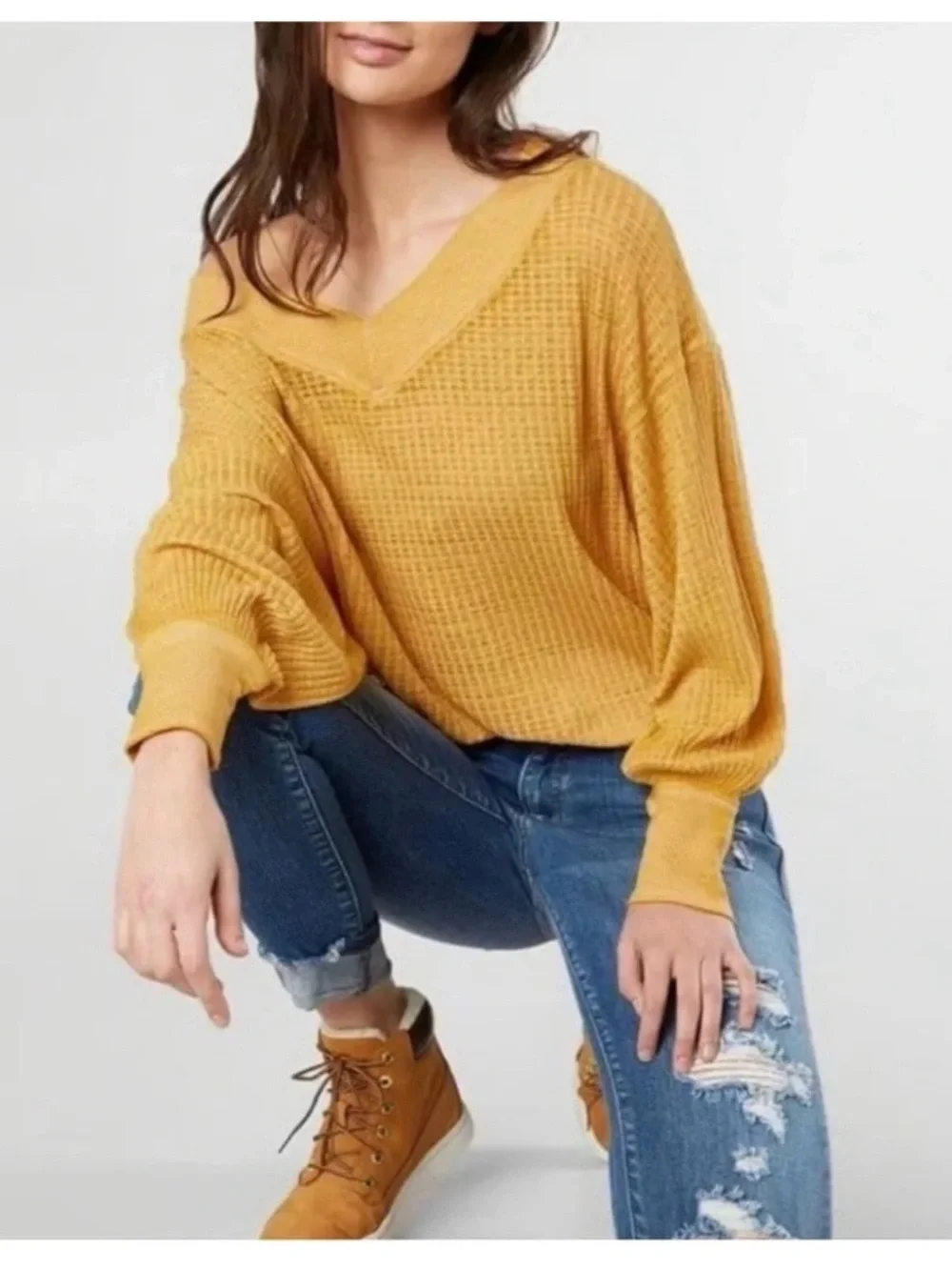 We The Free Free People Sz M Oversized Southside Mustard Boho Waffle V-Neck Top